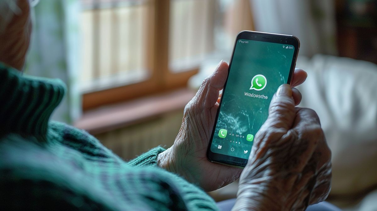 Seniorenhandy mit WhatsApp auf einem Holztisch neben einer Kaffeetasse und Brille