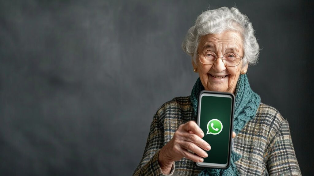 Seniorenhandy mit WhatsApp auf einem Holztisch neben einer Kaffeetasse