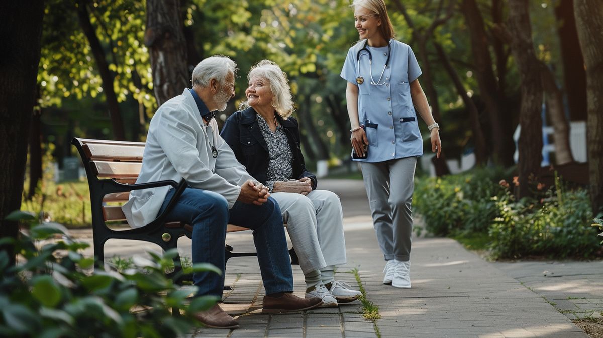 Seniorin erhält Hilfe von Pflegekraft zu Hause, Diskussion über Pflegeversicherung mit Dokumenten auf dem Tisch