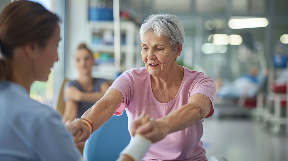 Physiotherapeut führt Übungen mit Schlaganfall-Patienten durch zur Förderung der Rehabilitation, Keyword: Physiotherapie nach Schlaganfall