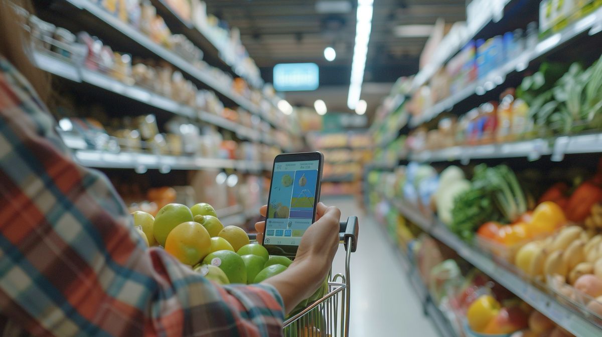 Frau nutzt Einkaufshilfe im Supermarkt beim Auswählen von Produkten