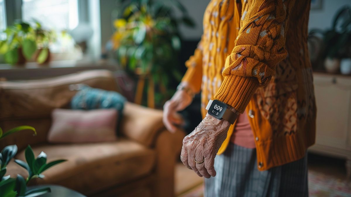 Seniorin nutzt sturzerkennung senioren System während eines Spaziergangs im Park