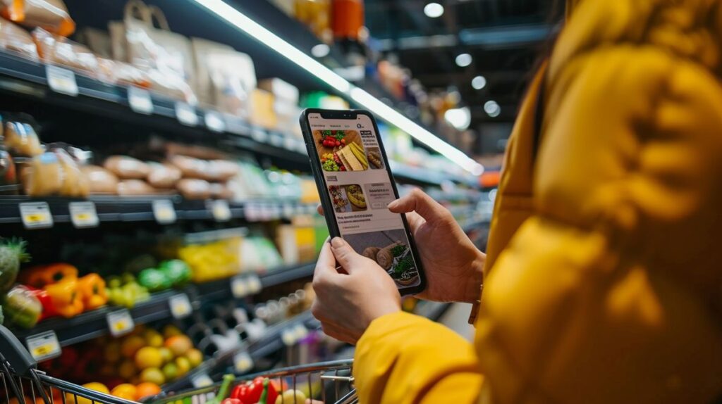 Frau nutzt Einkaufshilfe-App auf ihrem Smartphone beim Einkaufen im Supermarkt