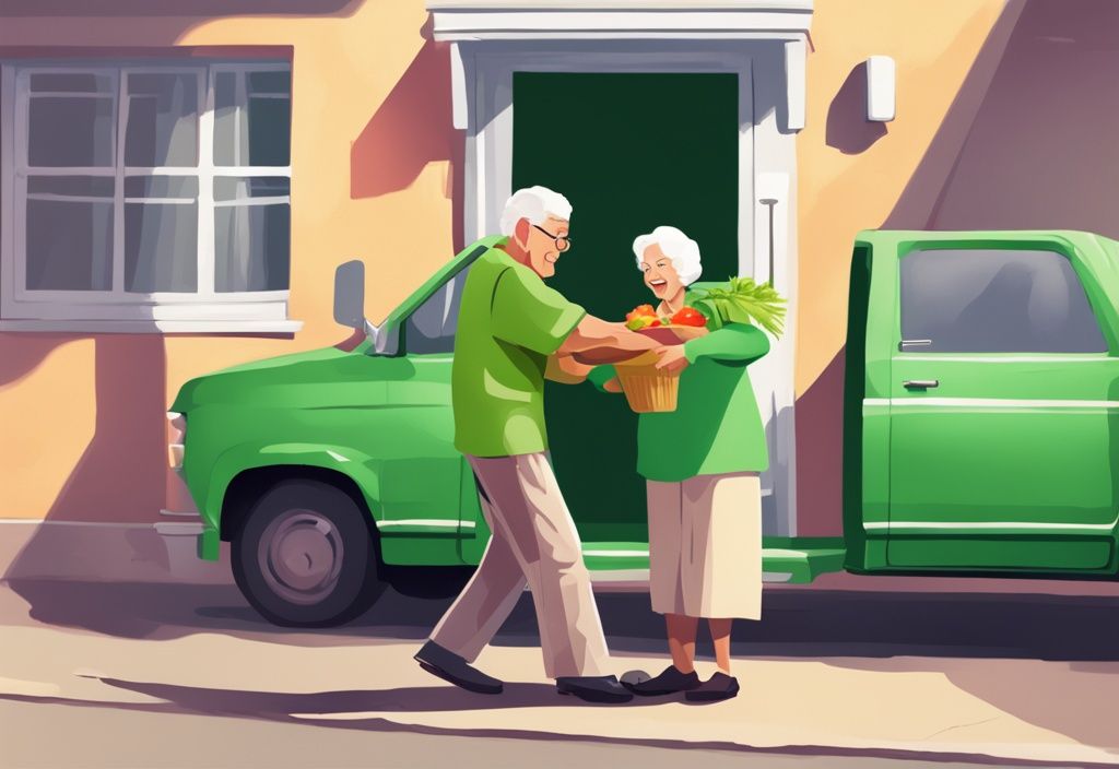 Moderner digitaler Gemälde-Illustration eines fröhlichen Freiwilligen, der eine warme, nahrhafte Mahlzeit an eine ältere Person zu Hause liefert, symbolisiert den Service "Essen auf Rädern", Hauptfarbthema grün.