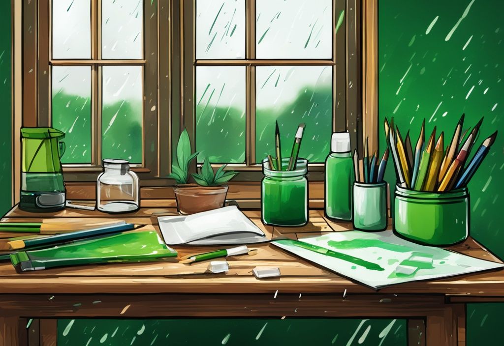 Moderne digitale Malerei mit grüner Farbpalette, Faber Castell Kunstbedarf auf Holztisch, Fenster im Hintergrund zeigt Regenwetter, faber castell regen.