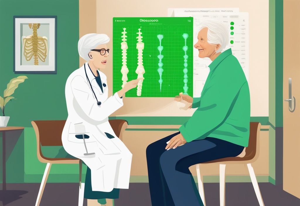 Gesundheitsexperte erklärt älterem Patienten die verschiedenen Stadien von Osteoporose mit einem Knochendichte-Diagramm, moderne digitale Malerei, grünes Farbschema