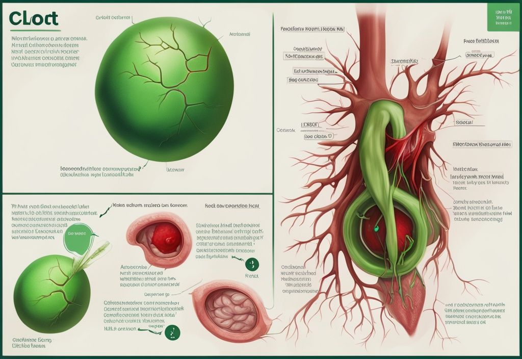 Moderne digitale Malerei einer Nahaufnahme eines Blutgerinnsels in einer Vene, mit Beschriftungen der Teile des Gerinnsels und der Vene zur Veranschaulichung des Konzepts der Thrombose, Hauptfarbe Grün.