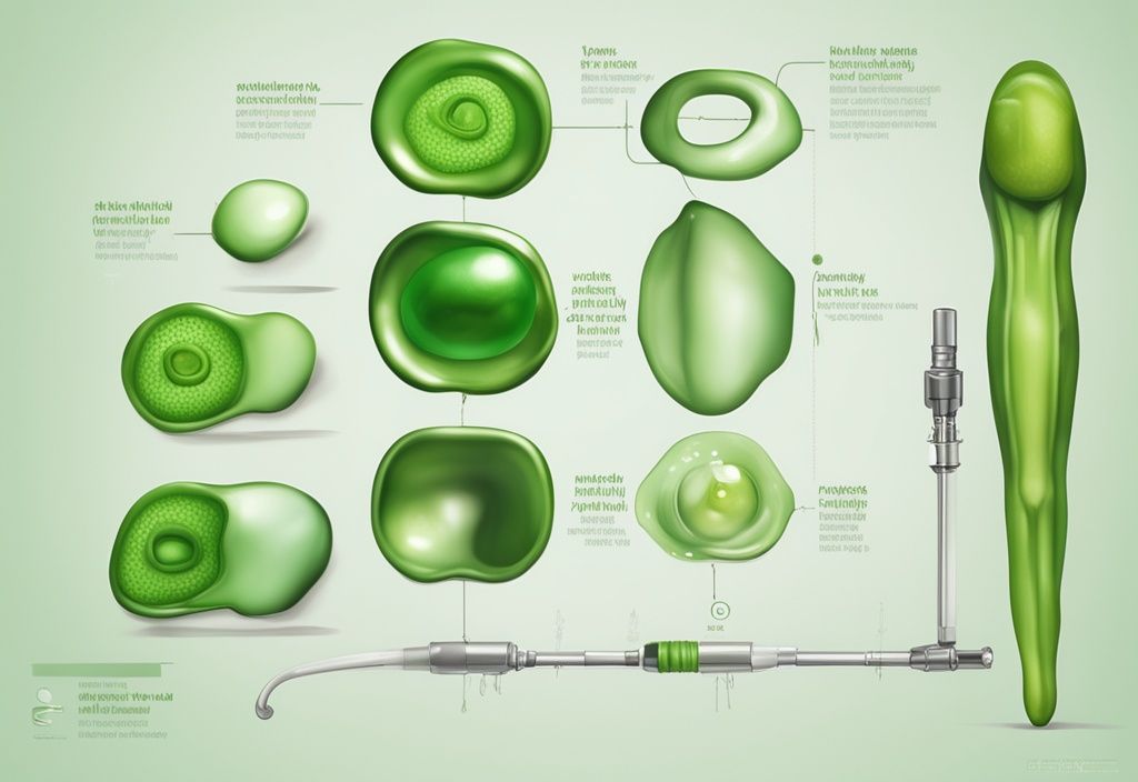 Moderne digitale Illustration einer Penilprothese in Grün, die detailliert ihre Komponenten und den Einsetzprozess in den Körper zeigt.