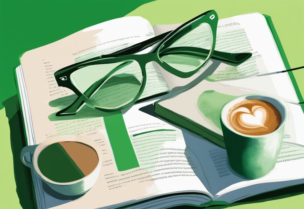 Nahaufnahme eines offenen Buches auf Seite 18 mit einer Brille und einer Tasse Kaffee daneben, moderne digitale Malerei, grüne Farbtöne.