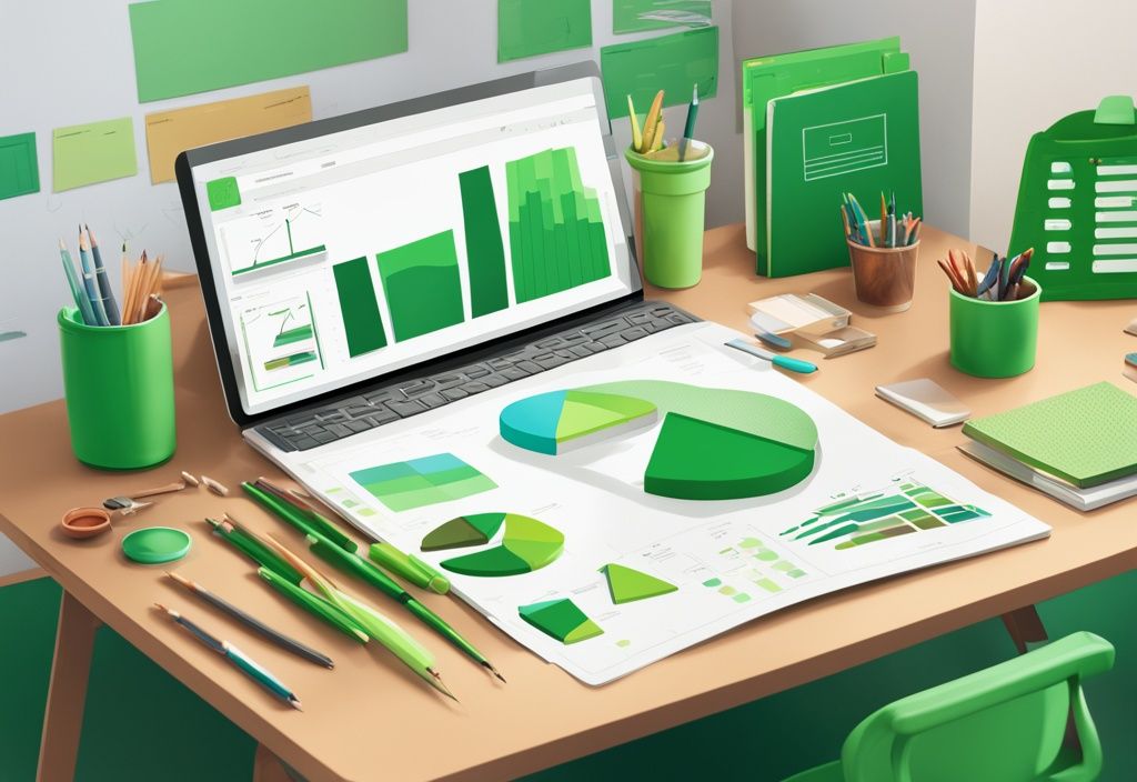 Moderne digitale Illustration, grüne Farbthematik, Bildungswerkzeuge wie Diagramme, Charts und 3D-Modelle ordentlich auf einem Lehrerpult im Klassenzimmer angeordnet.