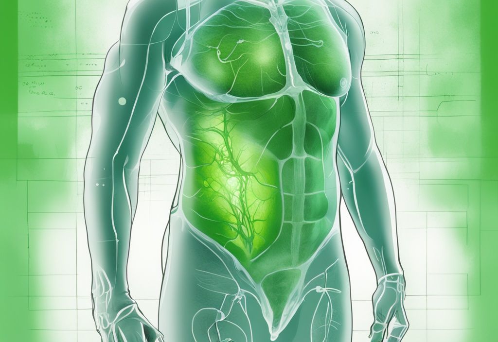 Moderner digitaler Gemäldeillustration eines medizinischen Fachpersonals, das auf ein Diagramm des menschlichen Torsos zeigt und Bereiche hervorhebt, in denen ein Stoma indiziert sein könnte, mit grünem Farbthema.