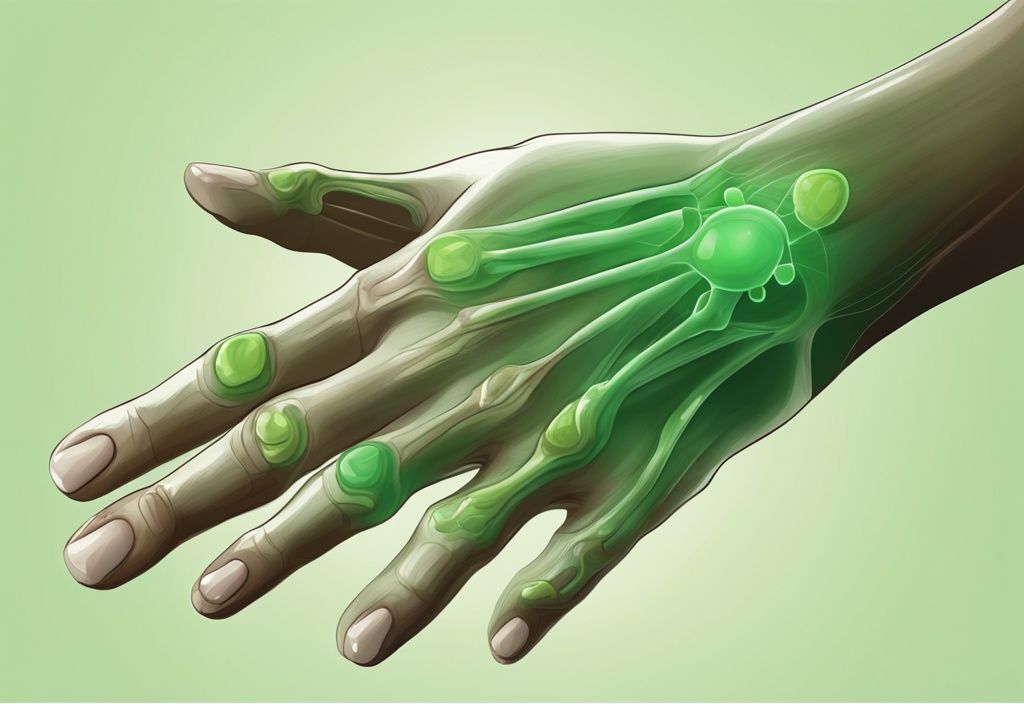 Moderne digitale Malerei mit grünem Farbschema, die ein detailliertes Diagramm einer menschlichen Hand zeigt, das die rheumatoide arthritis stadien darstellt.