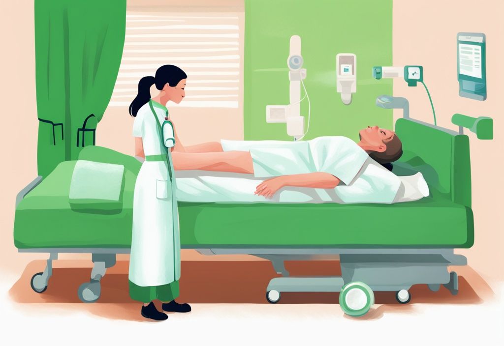 Moderne digitale Illustration einer Krankenschwester, die eine Lagerungsrolle verwendet, um Dekubitusgeschwüre bei einem im Bett liegenden Patienten zu verhindern, grüne Farbtöne