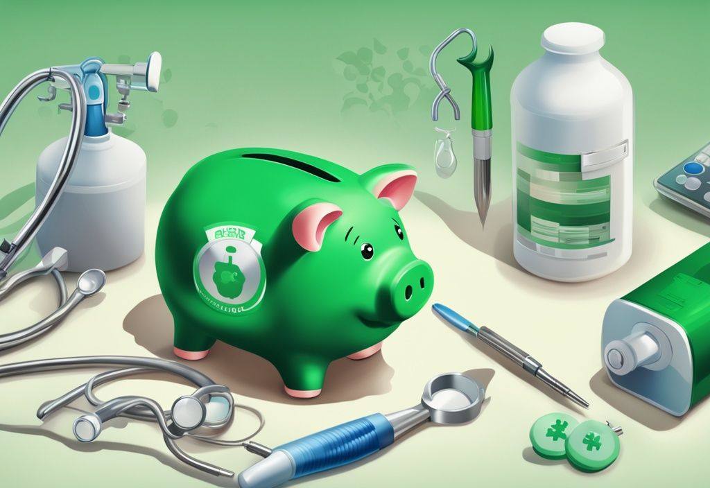 Moderne digitale Illustration in Grüntönen, die ein sicheres Sparschwein mit dem Logo des BKK Firmus Care Fund zeigt, umgeben von medizinischen Geräten und Werkzeugen, symbolisiert Gesundheitsinvestitionen.