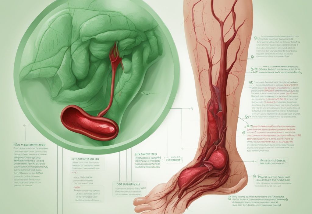 Moderne digitale Illustration in Grüntönen, Nahaufnahme einer menschlichen Vene mit Blutgerinnsel, beschriftet und mit einfachen Erklärungen zur Thrombose Bedeutung.