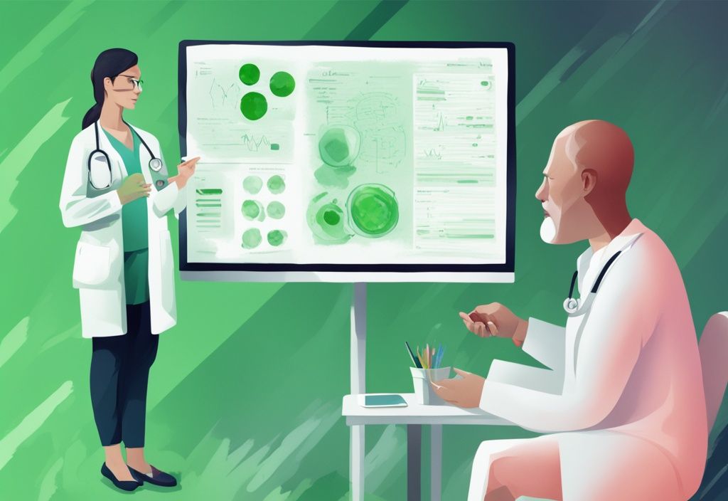 Gesundheitsexperte bespricht Behandlungspläne für Arthrose mit Patient, Pflegegrad bei Arthrose, grünes Farbschema, Diagramm im Hintergrund zeigt verschiedene Pflegegrade.