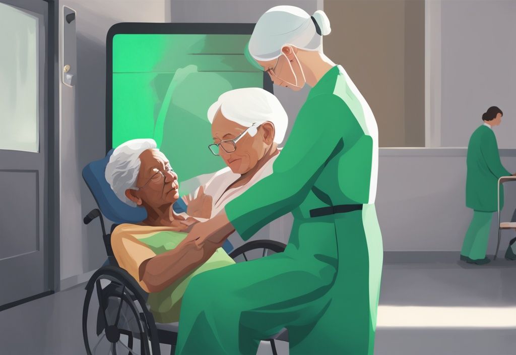 Moderne digitale Illustration eines Gesundheitsprofis, der einen schützenden Schild über einen verletzlichen älteren Patienten legt, symbolisiert Sicherungspflege.