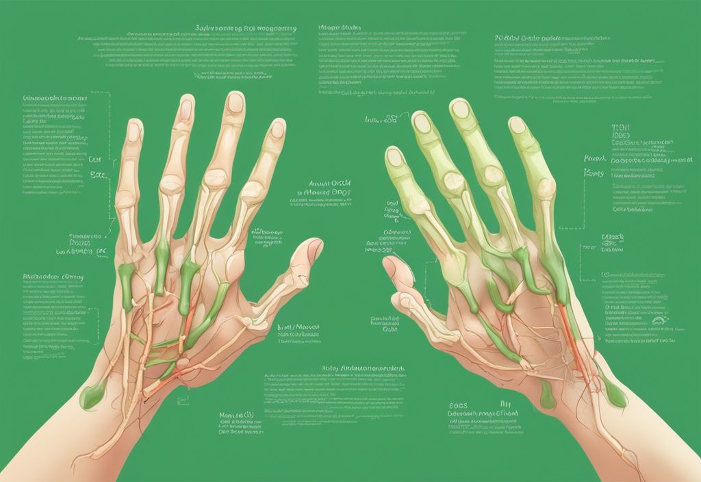 Digitale Illustration einer menschlichen Hand mit grünem Farbschema, die den Fortschritt der rheumatoiden Arthritis in verschiedenen Stadien zeigt