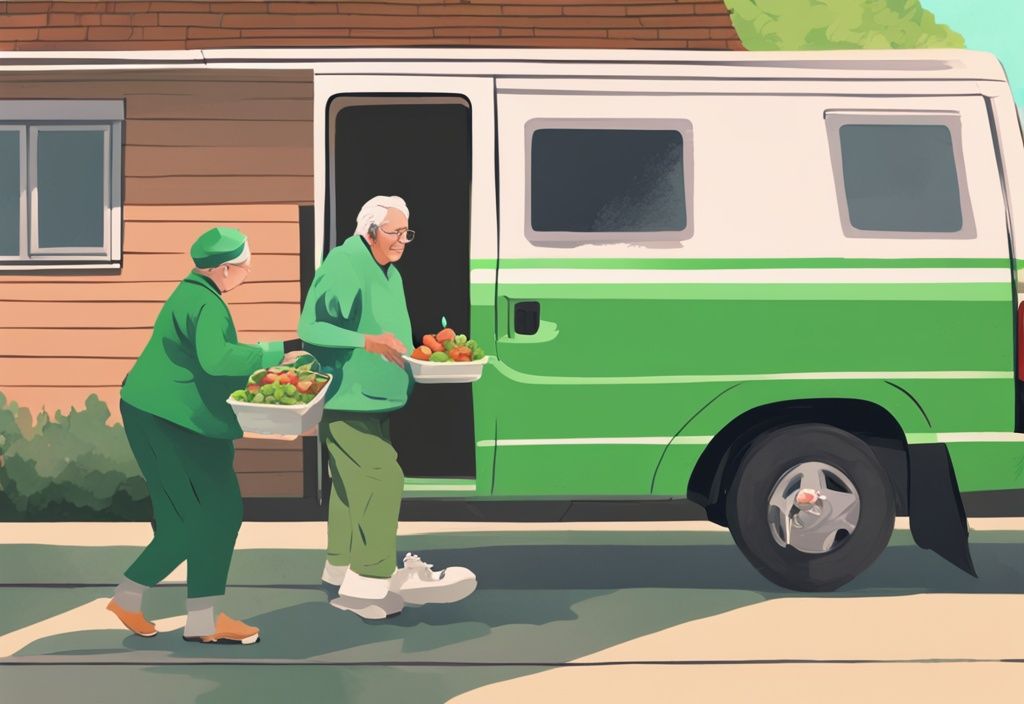 Freiwilliger liefert eine warme Mahlzeit an ein älteres Zuhause, mit einem Essen auf Rädern in der Nähe Van im Hintergrund, moderne digitale grüne Illustration.