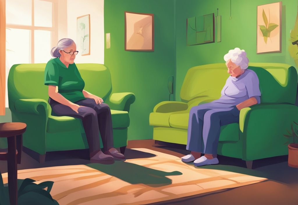 Erschöpfte Pflegekraft auf einer Couch, im Hintergrund eine ältere Person, moderne digitale Illustration in Grüntönen, symbolisiert die überwältigende Verantwortung der Pflege.