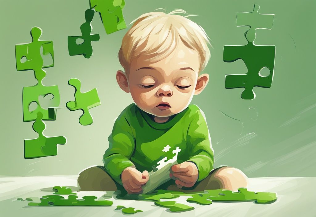 Modernes digitales Gemälde eines Kindes mit verwirrtem Gesichtsausdruck beim Lösen eines Puzzles, das die kognitiven Schwierigkeiten bei kinderdemenz symptome symbolisiert, in grüner Farbtönung.