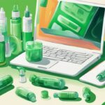 Moderne digitale Illustration mit grüner Farbgebung, die Pflegehilfsmittel wie Pillenspender, Inhalatoren und Spritzen auf einem Tisch zeigt, im Hintergrund ein offener Laptop mit einer PDF-Anwendung für pflegehilfsmittel zum verbrauch antrag pdf.