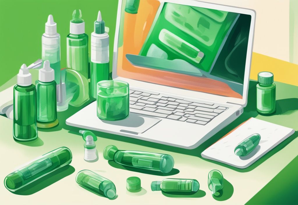 Moderne digitale Illustration mit grüner Farbgebung, die Pflegehilfsmittel wie Pillenspender, Inhalatoren und Spritzen auf einem Tisch zeigt, im Hintergrund ein offener Laptop mit einer PDF-Anwendung für pflegehilfsmittel zum verbrauch antrag pdf.