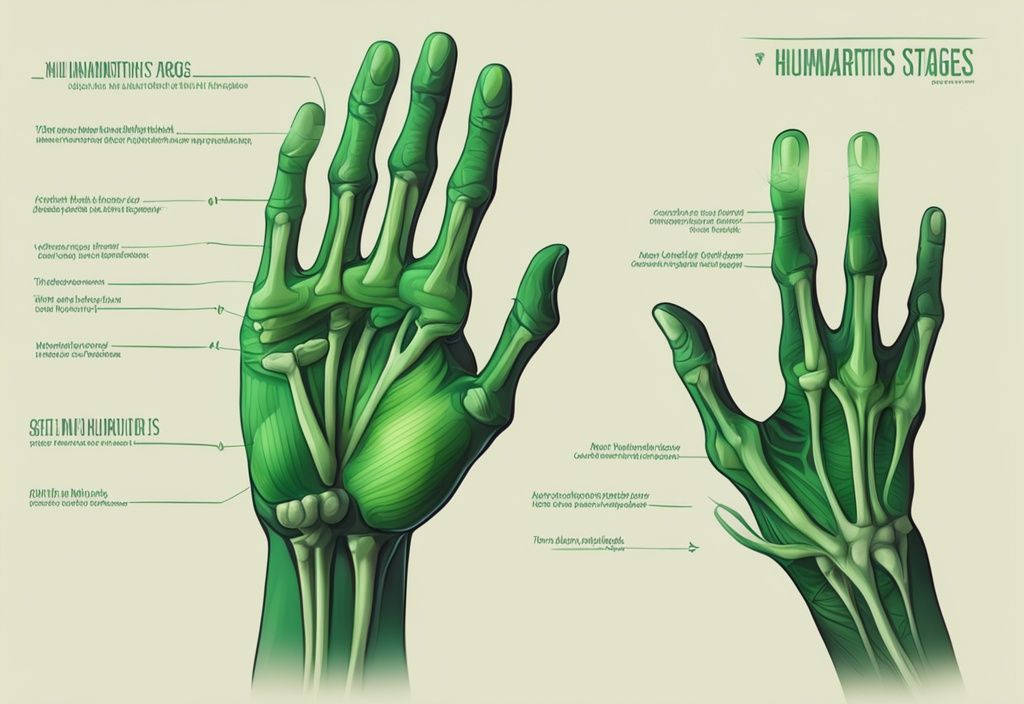 Moderne digitale Malerei, die die rheumatoide Arthritis Stadien der menschlichen Hand im Detail zeigt, mit grünem Farbschema.