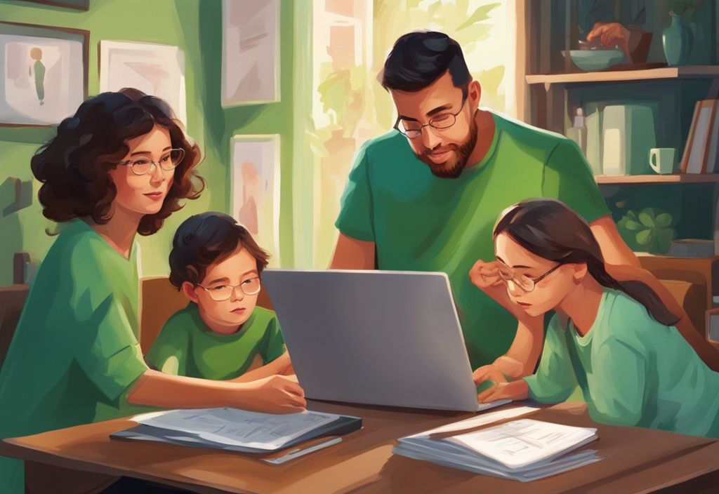 Moderne digitale Malerei einer Familie am Tisch mit Laptop, der einen digitalen Taschenrechner mit der Zahl 100.000 zeigt, symbolisiert Berechnung der elterlichen Unterstützung, Hauptfarbe grün.