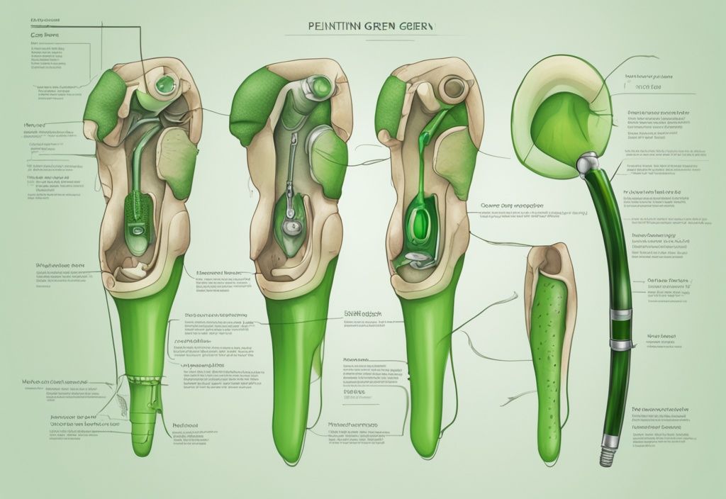 Moderne digitale Malerei einer Peniprothese, die verschiedene Komponenten und den Einführungsprozess in den Körper detailliert darstellt, Hauptfarbe Grün