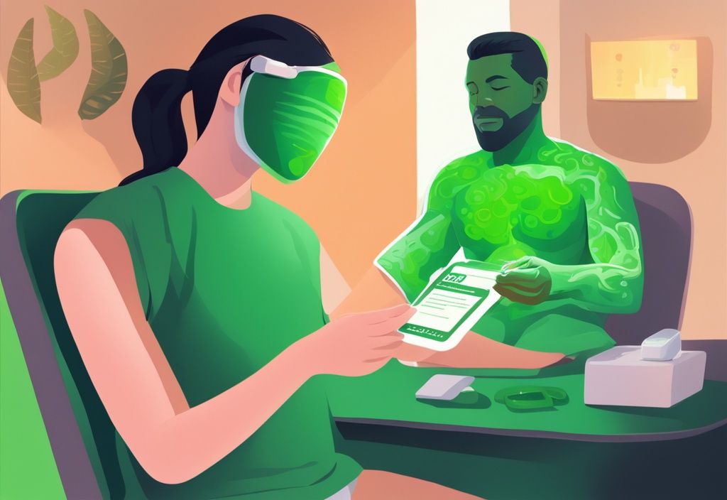 Moderne digitale Illustration einer Person mit Schuppenflechte bei der Lichttherapie, mit einer Krankenkassenkarte auf dem Tisch.