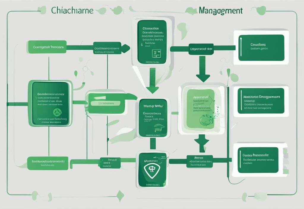 Moderne digitale Illustration eines vereinfachten Flussdiagramms des Entlassungsmanagements im Gesundheitswesen, Hauptfarbe grün, mit klaren Schritten und leicht verständlichen Symbolen.