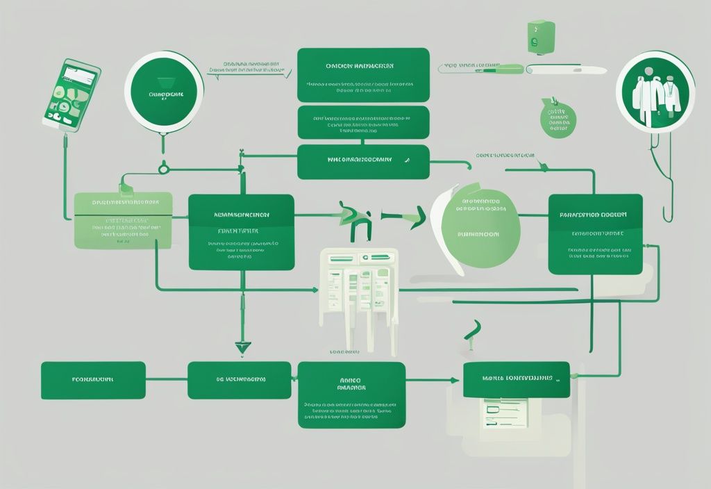 Moderne digitale Illustration eines grünen Flussdiagramms, das die Schritte des Entlassungsmanagements in einer Gesundheitseinrichtung einfach erklärt.