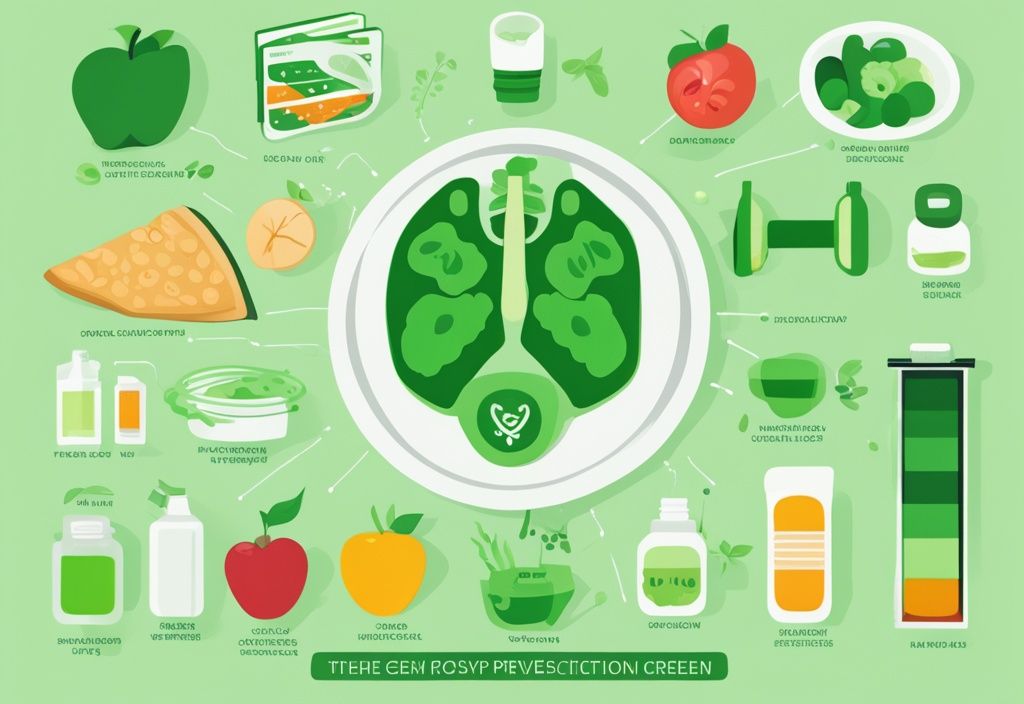 Moderne digitale Illustration mit grünem Farbschema, zeigt eine visuelle Grafik von sekundärprävention beispiele wie regelmäßige Untersuchungen, gesunde Ernährung und Bewegung, dargestellt durch leicht verständliche Icons.