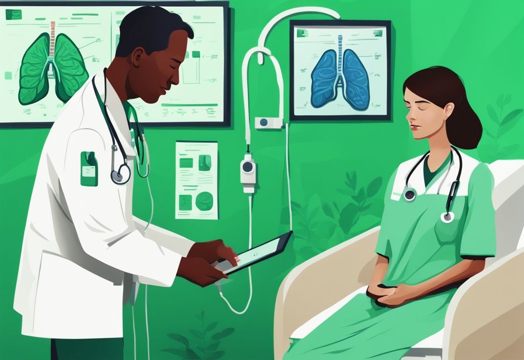 Moderne digitale Illustration eines Arztes, der einem Patienten mit Lungenfibrose verschiedene Pflegegrade auf einem Diagramm erklärt, welcher pflegegrad bei lungenfibrose.