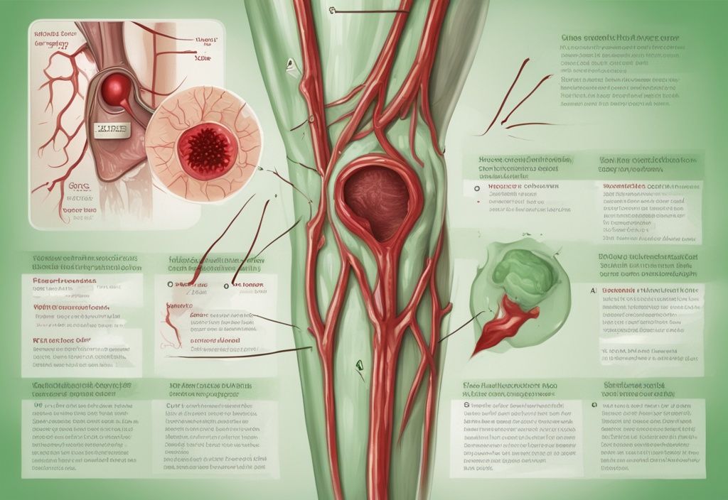 Moderne digitale Malerei-Illustration in Grün, Nahaufnahme einer menschlichen Vene mit einem Blutgerinnsel, beschriftet mit einfachen Erklärungen zur Thrombose Bedeutung.