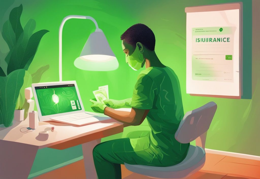 Moderne digitale Illustration einer Person mit Schuppenflechte bei der Lichttherapie, Krankenkassenkarte auf dem Tisch.