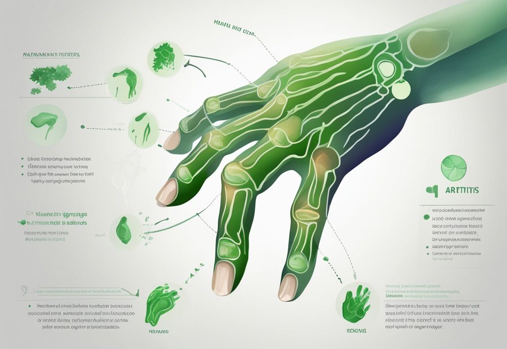 Moderne digitale Illustration einer menschlichen Hand, die den Fortschritt der rheumatoiden Arthritis in verschiedenen Stadien zeigt, Hauptfarbthema Grün.