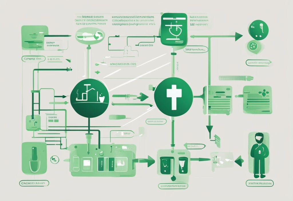 Moderne digitale Illustration eines vereinfachten Flussdiagramms des Entlassungsmanagements im Gesundheitswesen, Hauptfarbe Grün, mit klaren Schritten und leicht verständlichen Symbolen.