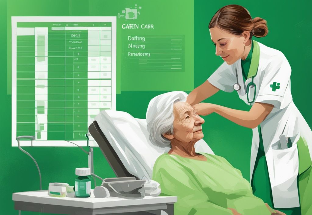 Moderne digitale Illustration einer Krankenschwester, die sich um einen älteren Patienten kümmert, mit einem Vergleichsdiagramm der täglichen Pflegezulagen im grünen Farbschema.