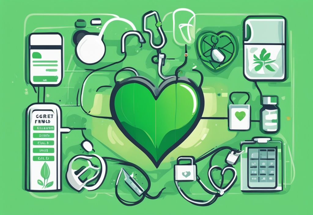 Moderne digitale Illustration mit grünem Farbschema, die ein sicheres Sicherheitsnetz darstellt, das den bkk firmus pflegekasse Care Fund symbolisiert, mit verschiedenen Gesundheitssymbolen wie Stethoskop, Pillen und Herz.