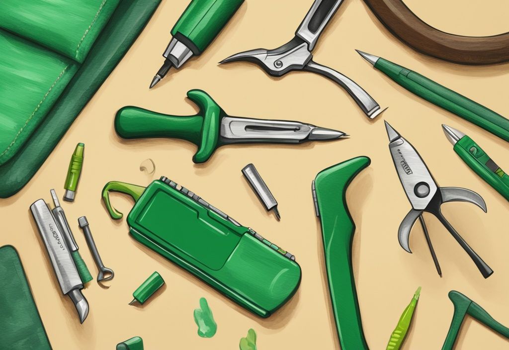 Moderne digitale Illustration mit grünem Farbschema, verschiedene multifunktionale Werkzeuge auf einem eleganten Holztisch, darunter ein Hammer mit integriertem Schraubendreher, ein Stift mit Stylus-Spitze und ein Taschenmesser mit Korkenzieher.