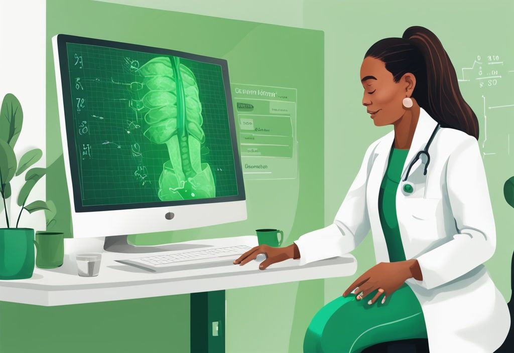 Moderne digitale Illustration eines Gesundheitsfachmanns, der mit einem Patienten über Behandlungspläne für Arthrose spricht, mit einem sichtbaren Diagramm im Hintergrund, das verschiedene Pflegegrade bei Arthrose veranschaulicht.