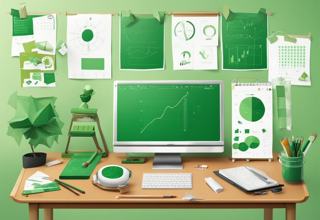 Moderne digitale Malerei mit grüner Farbgebung, zeigt Lehrertisch mit verschiedenen Lehrmitteln wie Diagrammen, Charts und 3D-Modellen, bereit für den Einsatz im Klassenzimmer.