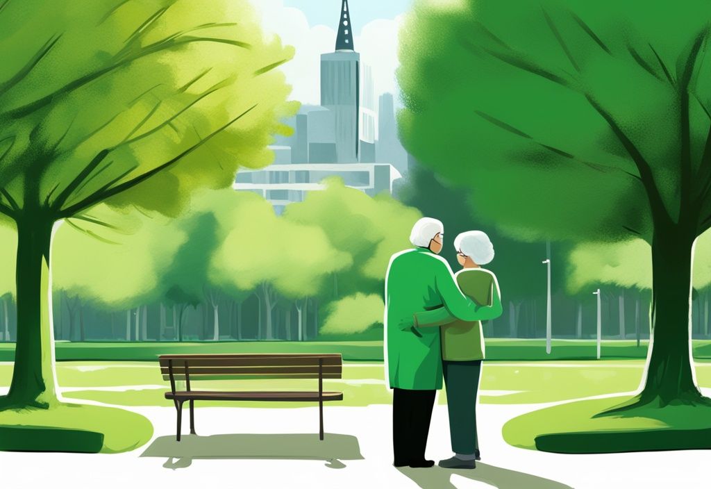 Moderne digitale Illustration eines fürsorglichen Pflegers, der einer älteren Person in einem ruhigen Park in Bielefeld hilft, mit der Stadtlandschaft von Bielefeld im Hintergrund – pflegekasse bielefeld.