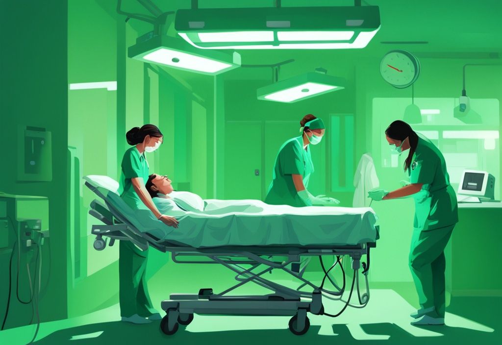 Moderne digitale Illustration einer Krankenschwester in grüner Arbeitskleidung, die unter hellen Krankenhauslichtern eilig einen Patienten auf einer Trage versorgt, was die Dringlichkeit und Intensität von Notfallsituationen in der Pflege hervorhebt.