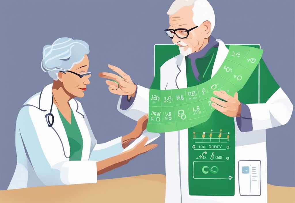 Moderne digitale Illustration eines Gesundheitsfachmanns, der einem älteren Patienten die Pflegegrad bei Osteoporose anhand eines Knochendichte-Diagramms erklärt, mit grünem Farbschema.