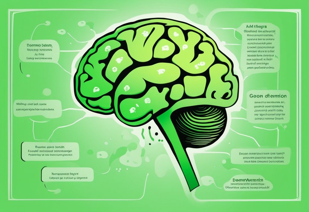 Moderne digitale Illustration eines Gehirns mit hervorgehobenen Bereichen und kurzen Textblasen, die die Demenz Definition und deren Auswirkungen erklären, Hauptfarbthema grün.
