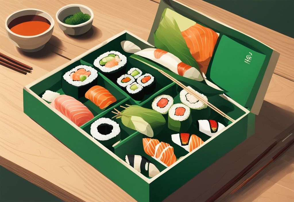 Moderne digitale Malerei mit grünem Farbschema, eleganter Sanubi-Box mit bunten Sushi-Rollen und Sashimi auf minimalistischem Holztisch.