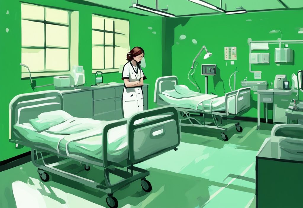 Überarbeitete Krankenschwester in einem deutschen Krankenhaus mit leeren Betten und medizinischer Ausrüstung, digitale Illustration, grüne Farbpalette